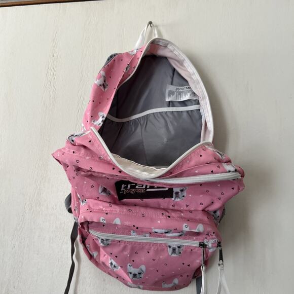 Jansport Backpack Trans Pink Pug Face Dog Heart Print Book Bag Full Size Nice - Picture 12 of 16